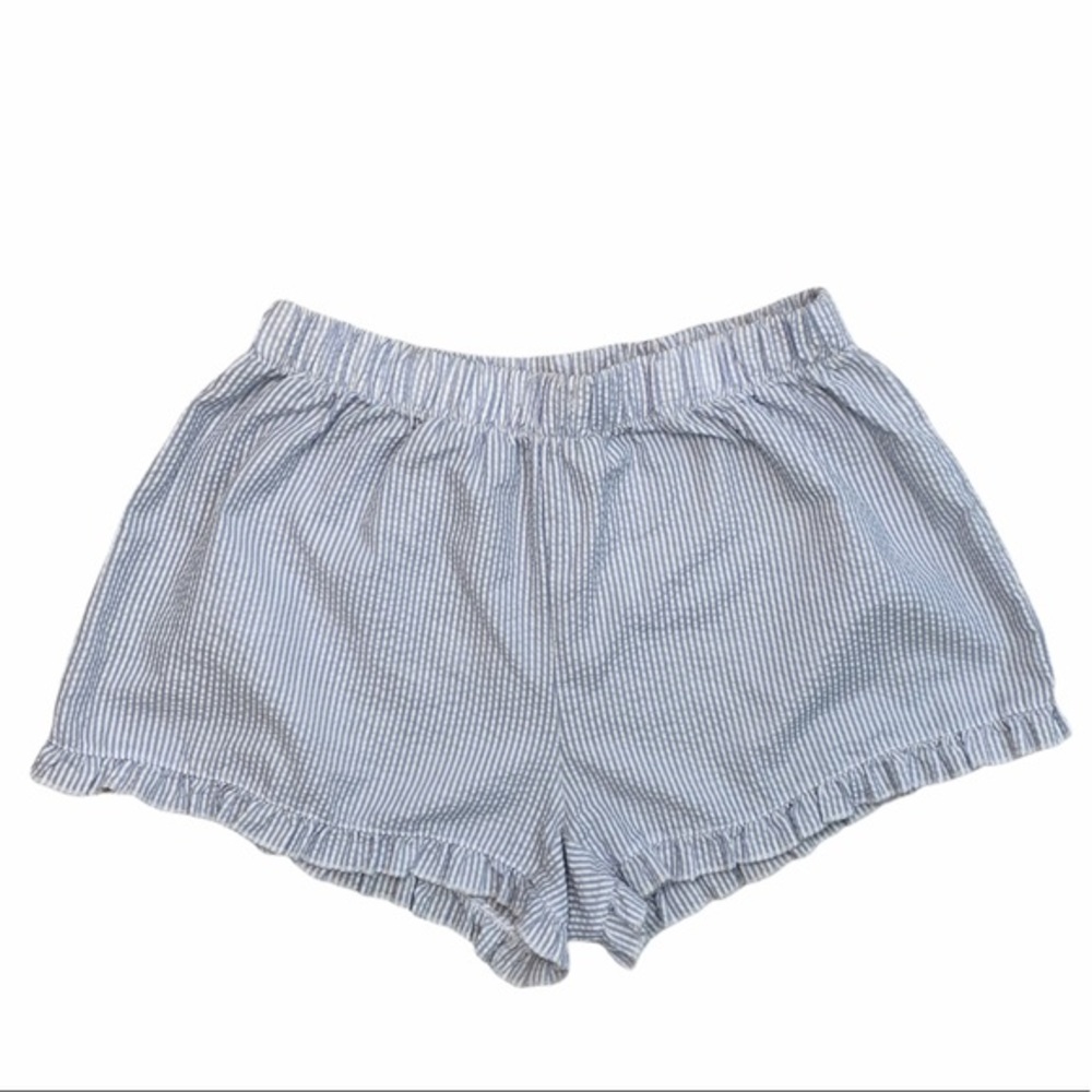 Blue and White Vertical Striped Ruffle Seersucker Pajama Shorts Size Large